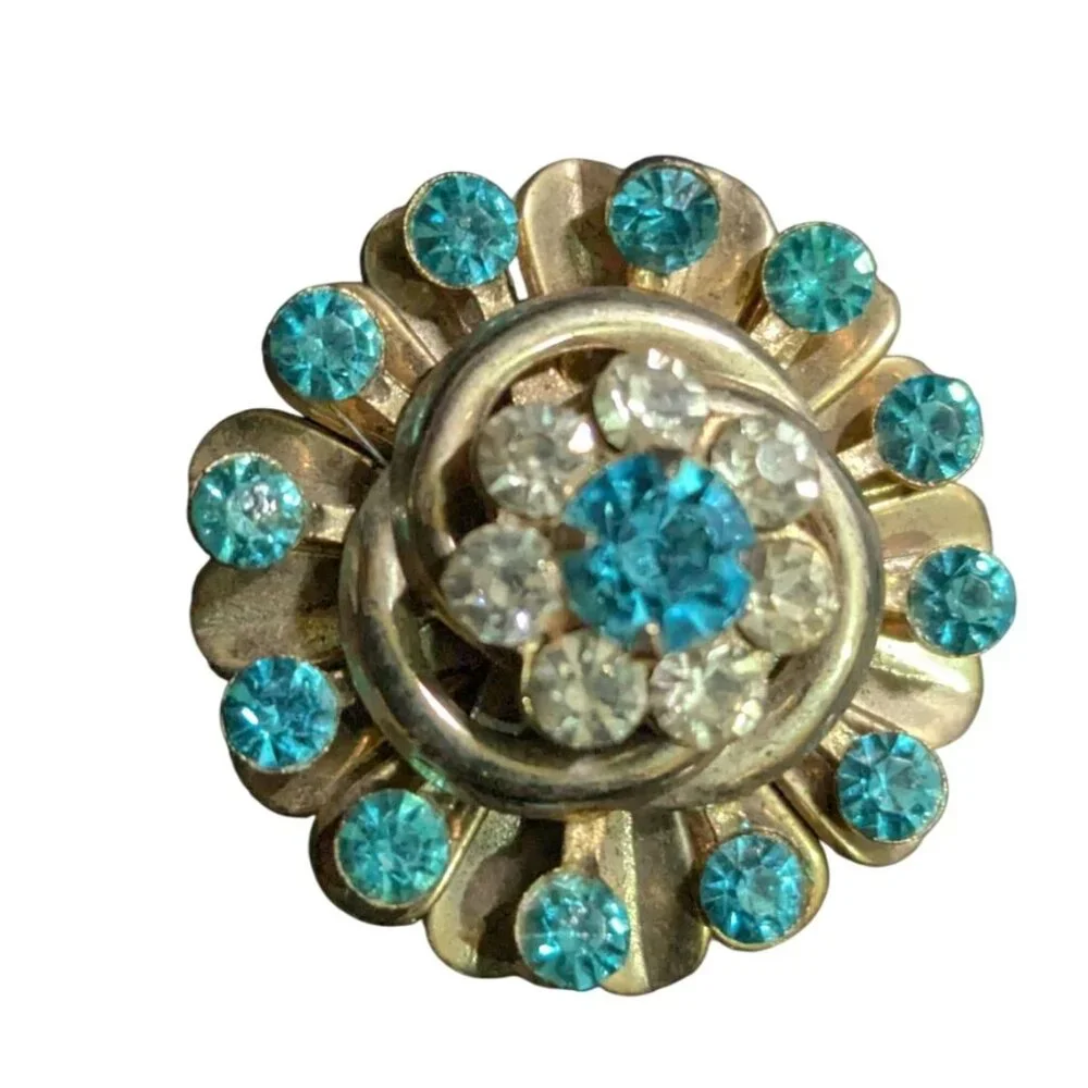 Vintage‎ Floral Brooch  Blue & Clear Rhinestones Retro  Jewelry Pin Gold tone